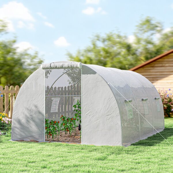 Outsunny Serra da giardino a tunnel 13,5 m² 6 finestre, porta avvolgibile con cerniera telaio acciaio zincato, telo PE 4,5 x 3 x 2 m bianco | Aosom Italy