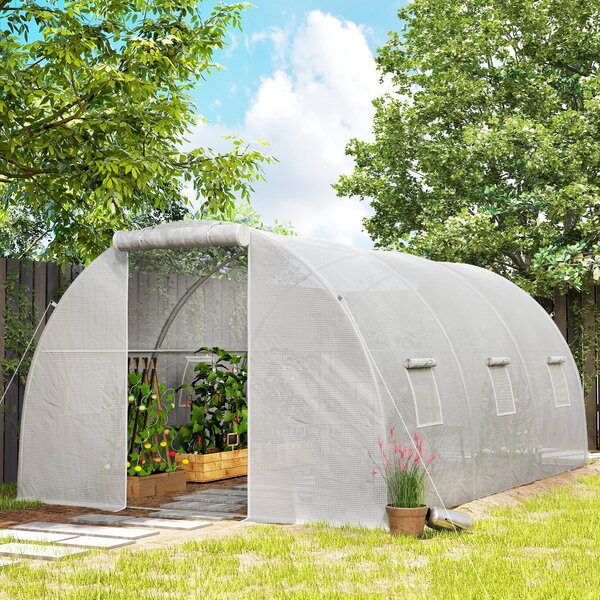 Outsunny Serra da giardino a tunnel 13,5 m² 6 finestre, porta avvolgibile con cerniera telaio acciaio zincato, telo PE 4,5 x 3 x 2 m bianco | Aosom Italy