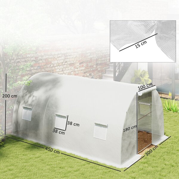Outsunny Serra da giardino a tunnel 13,5 m² 6 finestre, porta avvolgibile con cerniera telaio acciaio zincato, telo PE 4,5 x 3 x 2 m bianco | Aosom Italy