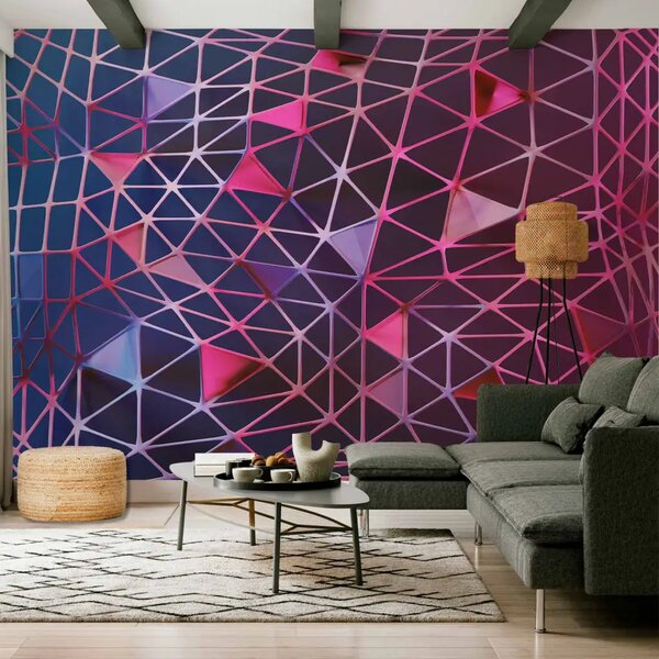 Carta da parati moderna Rete geometrica - connessione di triangoli nei toni del viola e rosa