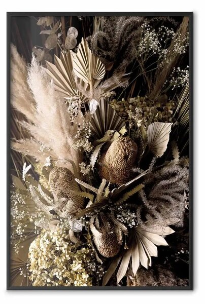 Poster: Barocco sontuoso - mazzo di varie piante su sfondo nero in stile boho