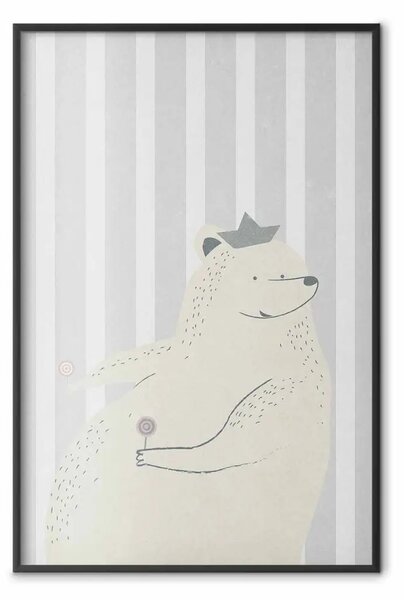 Poster: Orsetto goloso - animale con lecca-lecca su sfondo a righe