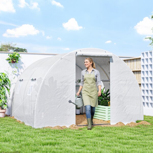Outsunny Serra da giardino tunnel 9 m² 4 finestre, porta avvolgibile con zip telaio acciaio galvanizzato, telo PE 3 x 3 x 2 m bianco | Aosom Italy
