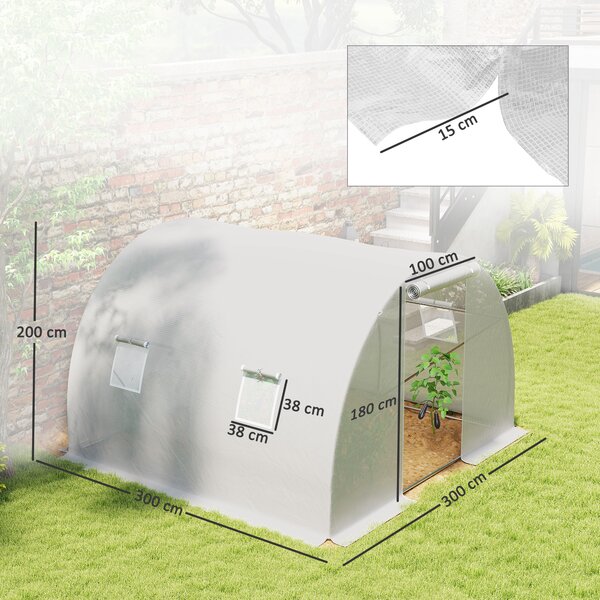 Outsunny Serra da giardino tunnel 9 m² 4 finestre, porta avvolgibile con zip telaio acciaio galvanizzato, telo PE 3 x 3 x 2 m bianco | Aosom Italy