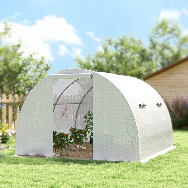 Outsunny Serra da giardino tunnel 9 m² 4 finestre, porta avvolgibile con zip telaio acciaio galvanizzato, telo PE 3 x 3 x 2 m bianco | Aosom Italy