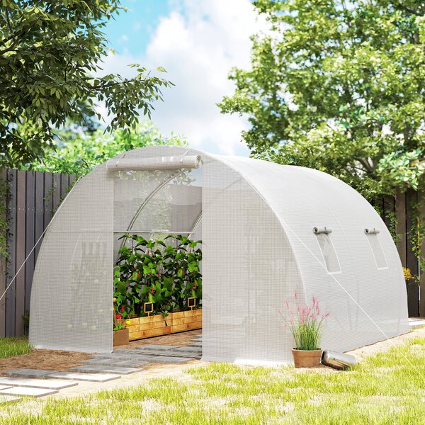 Outsunny Serra da giardino tunnel 9 m² 4 finestre, porta avvolgibile con zip telaio acciaio galvanizzato, telo PE 3 x 3 x 2 m bianco | Aosom Italy