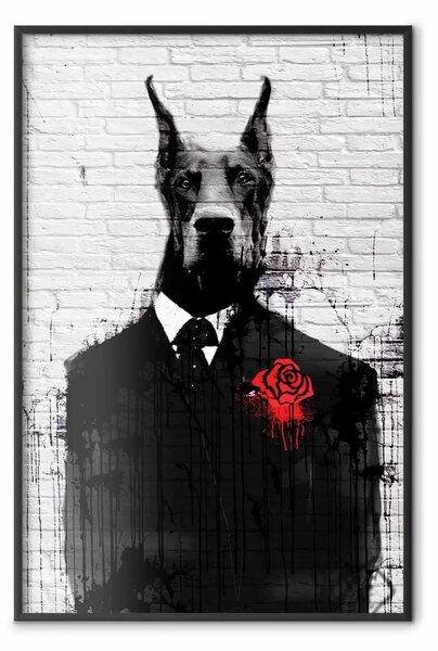 Poster: Doberman in completo - cane nero astratto su parete di mattoni