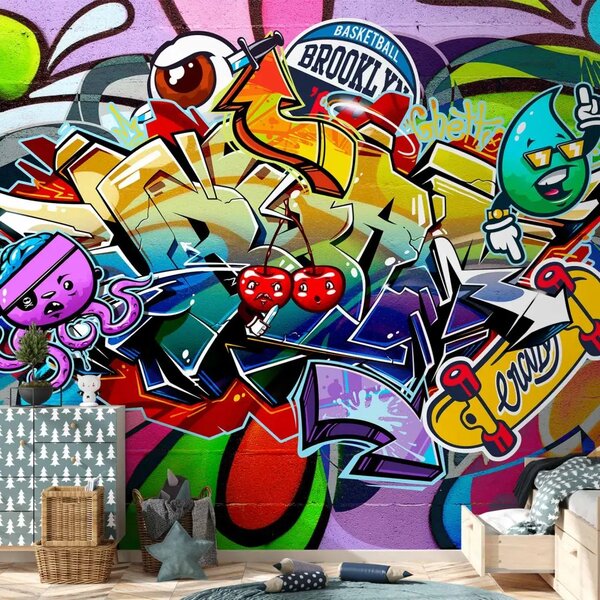 Carta da parati moderna Segni urbani - graffiti colorati street art con motivi sportivi