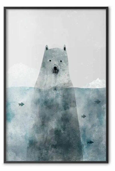 Poster: Orso polare - animale in acqua con pesci su sfondo invernale