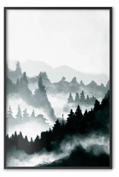 Poster: Paesaggio nebbioso - paesaggio di bosco e montagne cupo