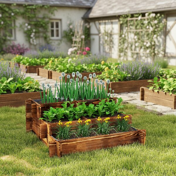 Outsunny Aiuola da Giardino a 3 Livelli con Design a Scala e Tessuto Non Tessuto per Coltivazioni Fiori 93x93x35 cm Carbonizzato | Aosom Italy