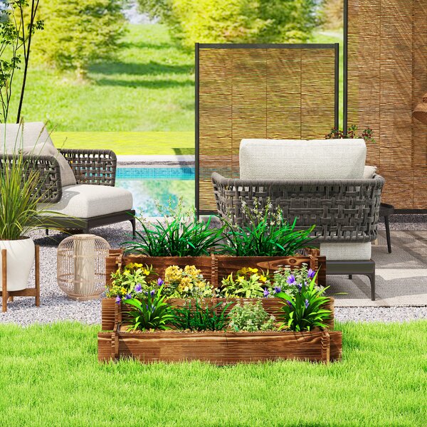 Outsunny Aiuola da Giardino a 3 Livelli con Design a Scala e Tessuto Non Tessuto per Coltivazioni Fiori 93x93x35 cm Carbonizzato | Aosom Italy