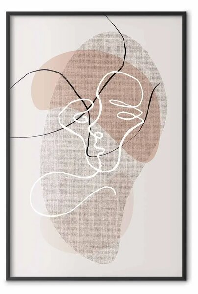 Poster: Alba riflessiva - line art di un bacio su sfondo astratto beige
