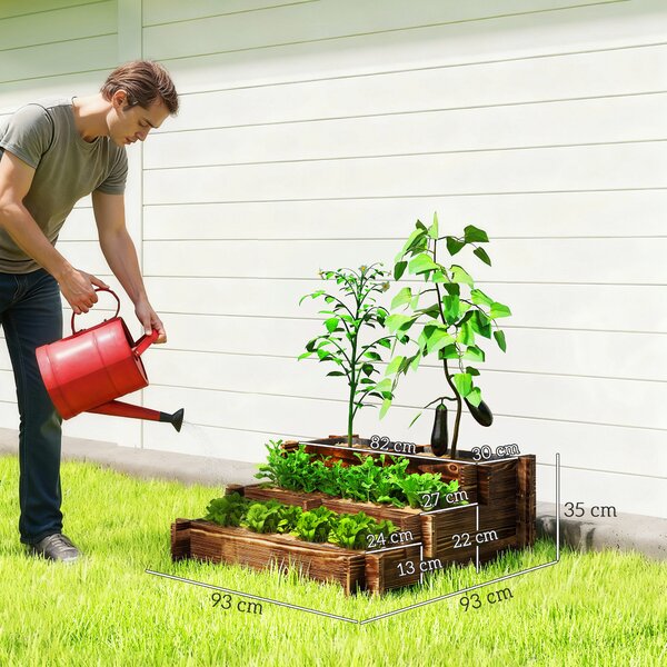 Outsunny Aiuola da Giardino a 3 Livelli con Design a Scala e Tessuto Non Tessuto per Coltivazioni Fiori 93x93x35 cm Carbonizzato | Aosom Italy