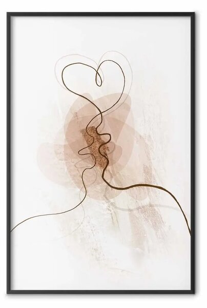 Poster: Desiderio comune - line art di un bacio su sfondo astratto beige