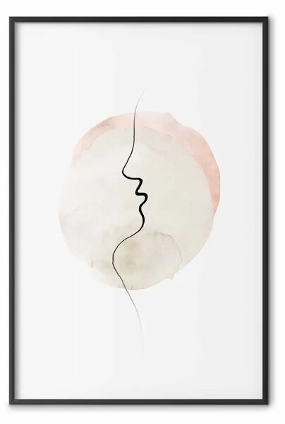 Poster: Bordo del bacio - line art nero di un volto su sfondo astratto chiaro
