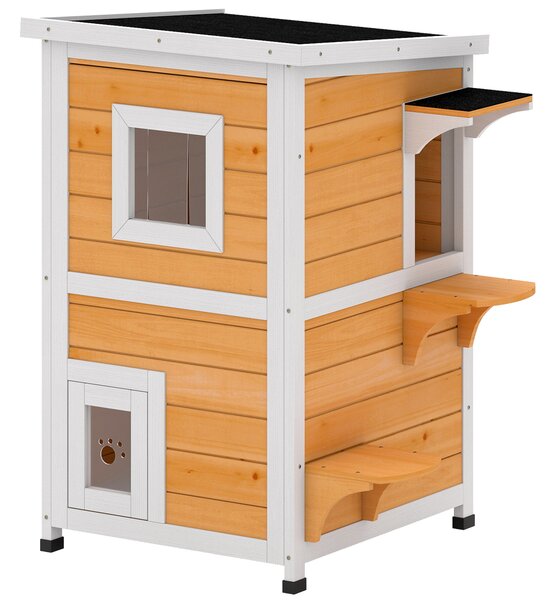 PawHut Casetta per gatti in legno da esterno a 2 livelli con tetto ribaltabile pannello centrale rimovibile 51x51x81,3 cm naturale | Aosom Italy