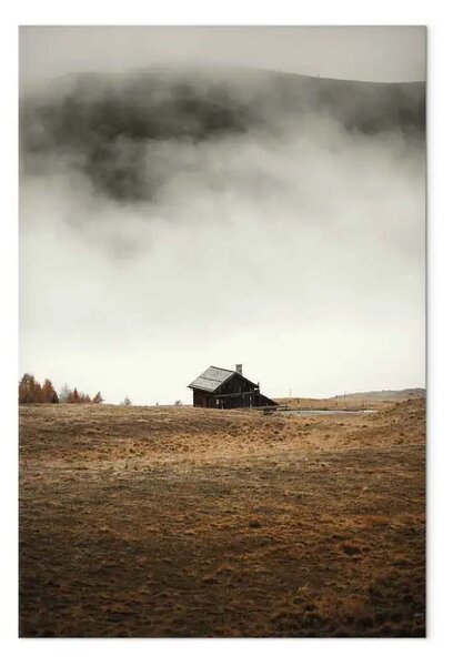 Quadro moderno Paesaggio in stile boho con una piccola casa ai piedi delle montagne