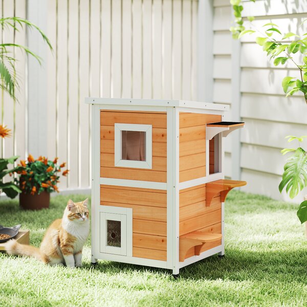 PawHut Casetta per gatti in legno da esterno a 2 livelli con tetto ribaltabile pannello centrale rimovibile 51x51x81,3 cm naturale | Aosom Italy