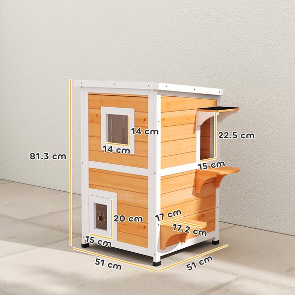 PawHut Casetta per gatti in legno da esterno a 2 livelli con tetto ribaltabile pannello centrale rimovibile 51x51x81,3 cm naturale | Aosom Italy