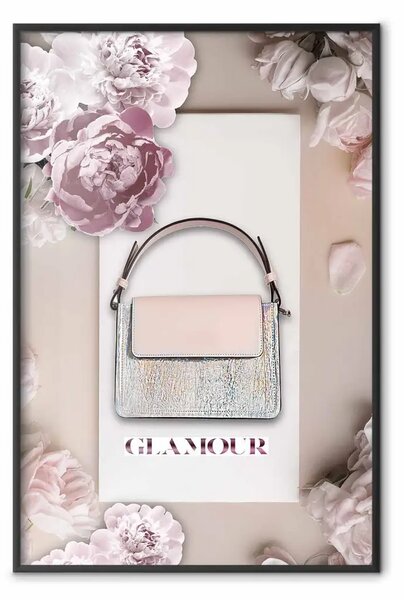Poster: Borsa elegante - borsa femminile su sfondo chiaro circondata da fiori