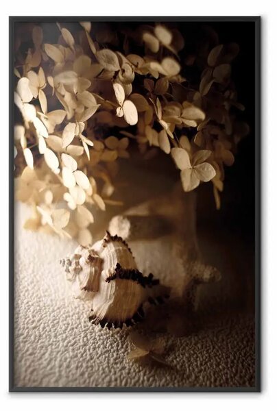 Poster: Conchiglia sussurrante - fiori e conchiglia sulla spiaggia
