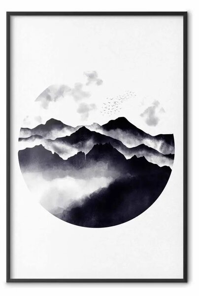 Poster: Paesaggio montano - paesaggio montano con nuvole su bianco