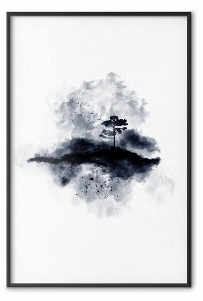 Poster: Albero solitario - paesaggio astratto di un albero su bianco