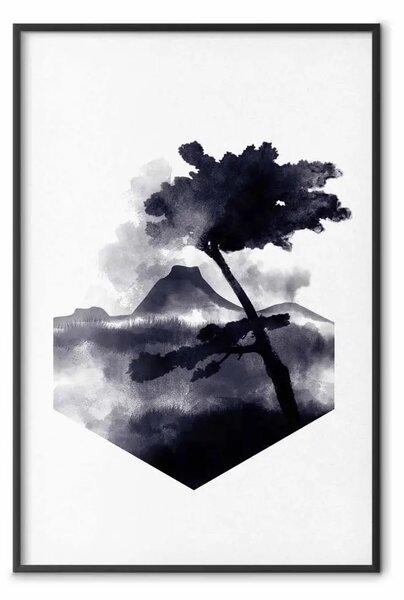 Poster: Montagna alta - paesaggio in bianco e nero di un albero