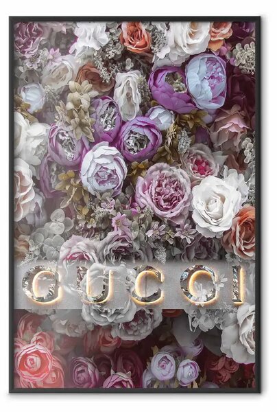Poster: Gucci rose - fiori colorati, scritta di lusso