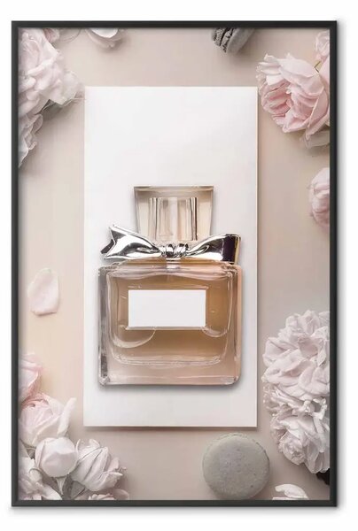 Poster: Il mio profumo - flacone di lusso in vetro tra fiori in colori chiari