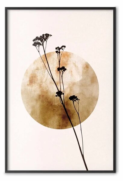 Poster: Figura vegetale - pianta nera e grande cerchio dorato su sfondo chiaro