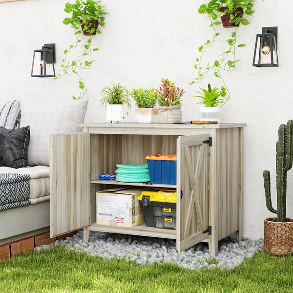 Outsunny Armadio da giardino in legno, armadio da esterno in legno con ripiani e doppie porte, 110 x 60 x 88,5 cm, legno naturale | Aosom Italy