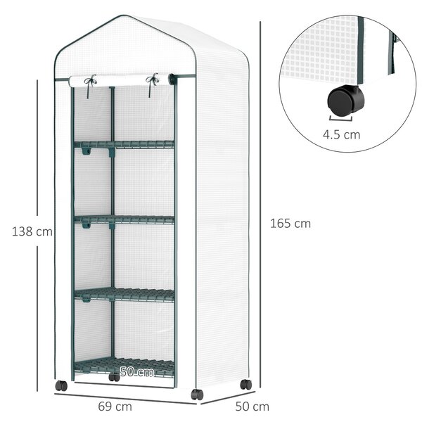 Outsunny Serra da Esterno con 4 Ripiani Ruote Porta Avvolgibile Copertura in PE e Telaio in Acciaio 69x50x165 cm Bianco | Aosom Italy