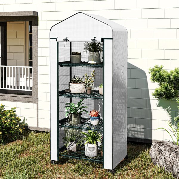 Outsunny Serra da Esterno con 4 Ripiani Ruote Porta Avvolgibile Copertura in PE e Telaio in Acciaio 69x50x165 cm Bianco | Aosom Italy