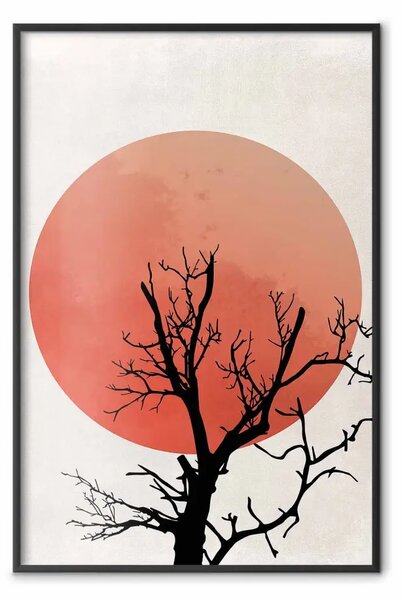 Poster: Al calar del giorno - albero astratto su sfondo di sole arancione