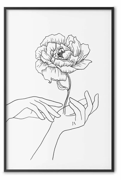 Poster: Tocco delicato - line art nero di mani e fiori su sfondo uniforme