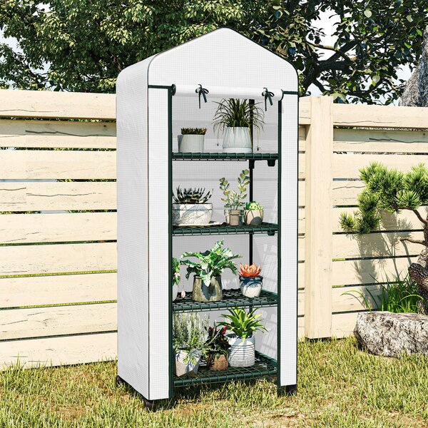 Outsunny Serra da Esterno con 4 Ripiani Ruote Porta Avvolgibile Copertura in PE e Telaio in Acciaio 69x50x165 cm Bianco | Aosom Italy