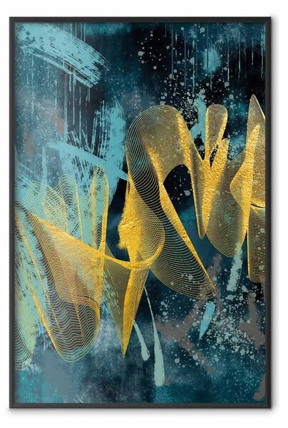 Poster: Onde dorate - onde dorate su texture blu in stile astratto