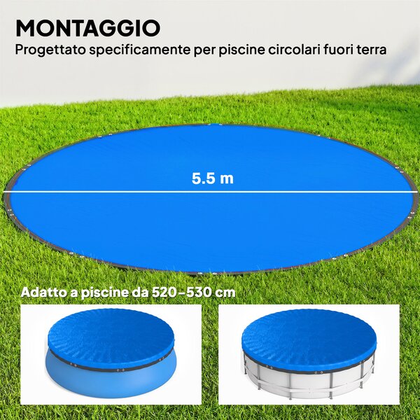 Outsunny Copertura per piscina rotonda Ø 550 cm telo antipolvere e impermeabile con corda e tenditore per estate e inverno, Blu | Aosom Italy