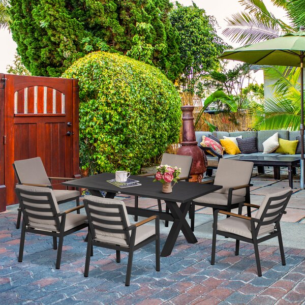 Outsunny Set di mobili da giardino per 6 persone, 6 sedie, 1 tavolo, resistente alle intemperie, 175 cm x 92 cm x 73 cm, Nero + Grigio | Aosom Italy