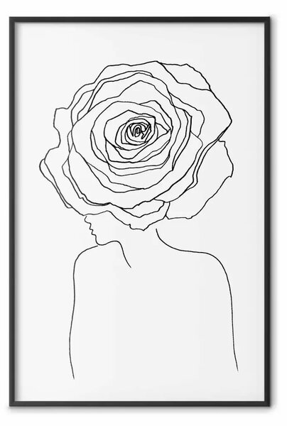 Poster: Sguardo invertito - line art nero di una donna con fiori sulla testa