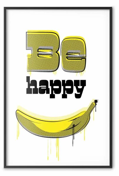 Poster: Banana felice - scritte in inglese e frutto giallo su sfondo bianco