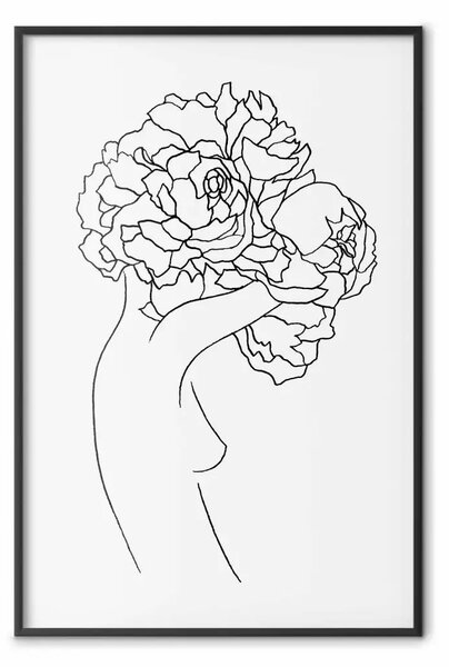 Poster: Giardiniera - line art astratto donna con fiori, sfondo bianco