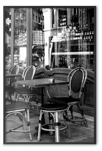 Poster: Caffè parigino - paesaggio grigio sedie e tavolino in un caffè