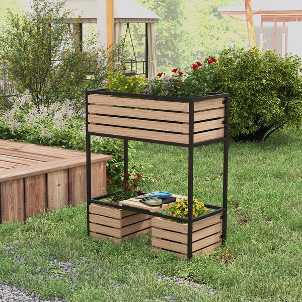 Outsunny Fioriera a gradoni Orto rialzato, resistente alle intemperie, 3 fioriere, 83 cm x 39 cm x 100 cm, Naturale + Nero | Aosom Italy