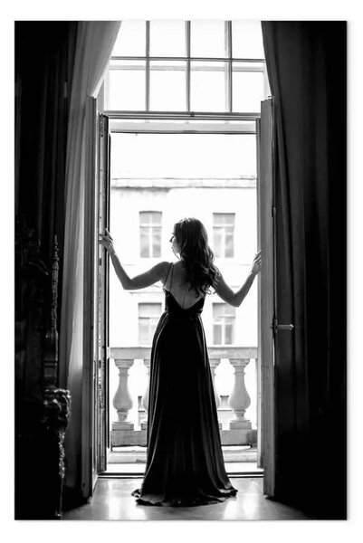 Quadro contemporaneo Donna alla finestra - foto in bianco e nero con una silhouette