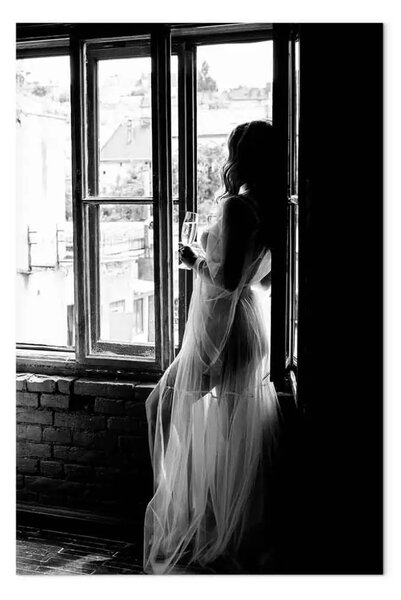 Quadro su tela Una donna con champagne - foto in bianco e nero con una silhouette