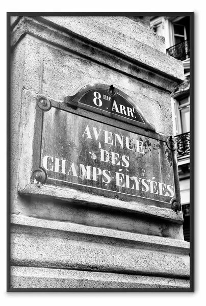Poster: Avenue Des Champs Elysees - targa bianco e nero con scritte Parigi