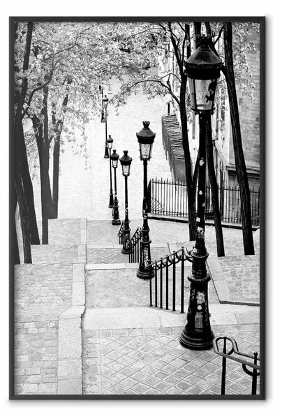 Poster: Montmartre - paesaggio urbano in bianco e nero con molte lampade
